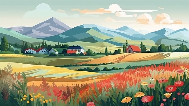 Nature. Cute illustration of landscape, village, countryside, meadow, field of flowers and mountains for poster, background or cover generative ai