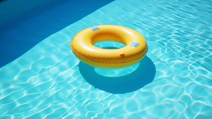 Yellow pool float, ring floating in a refreshing blue swimming pool generative ai