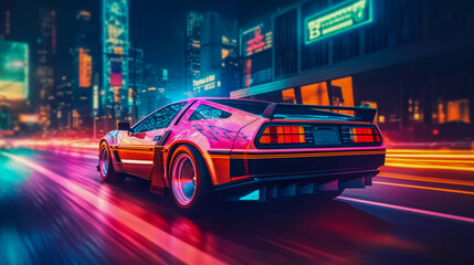 Fototapeta na wymiar Retro Nights: Classic Sports Car Illuminates Miami Street in Retrowave Style, Generative AI