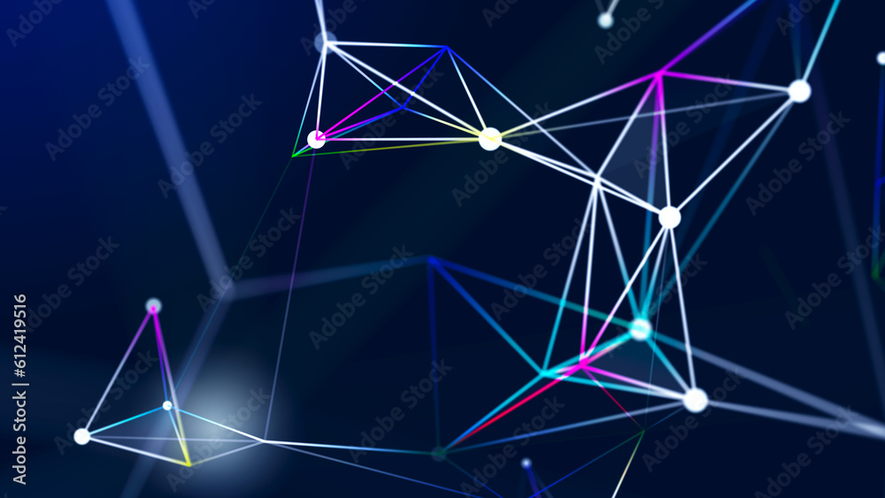 Poster connecting colored lines and dots in space. abstract digital background. data network connections.3d