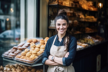 Happy small pastry shop owner, smiling proudly at her store. Cheerful female baker working at her shop