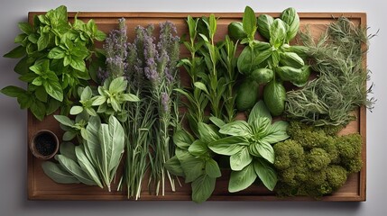  a variety of herbs on a cutting board with a mortar and a bowl of pesto on the side of the board, with a spoon and a cup of pesto on the side.  generative ai