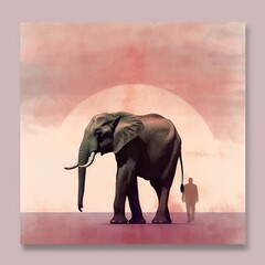 Fototapeta na wymiar an elephant standing next to a man in front of a large pink and orange sun with a sky background and a pink and orange sky. generative ai