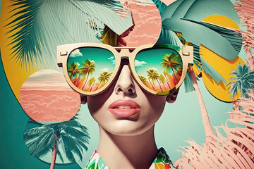 Young traveling woman wearing big sunglasses. Retro style pastel colors summer background. Generative AI - obrazy, fototapety, plakaty