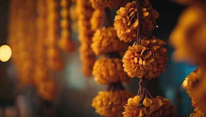hindu religious marigold flower garland wallpaper explore the spiritual generative ai - obrazy, fototapety, plakaty