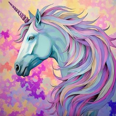 Naklejka na ściany i meble a painting of a unicorn's head with a rainbow mane on a pink, purple, and blue background with white clouds and stars. generative ai