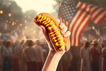 classic american hot dog in a female hand on a white background isolate