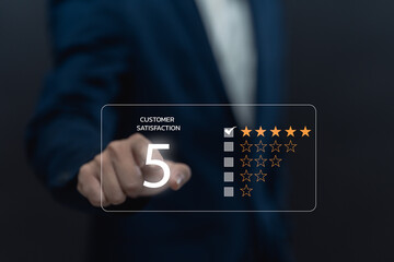Customer review satisfaction feedback survey concept. User give rating to service excellent experience on a phone application. Client evaluate quality of service reputation ranking of business.
