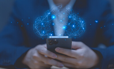 Businessman touch on cloud computing diagram show on hand. Technology internet storage network. Cloud technology. Data storage, data transfer, Networking and internet service concept.	