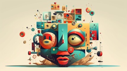 A surreal asymmetrical head created from different objects. 3d geometric art composition. Futuristic world. State of consciousness. Generative AI. Illustration for cover, brochure or presentation.