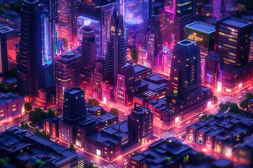 Fototapeta na wymiar Futuristic city at night with neon lights billboards in vibrant colors. Generative AI