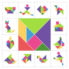 Creative Tangram Game Cover Template: Colorful Geometric Puzzle for Title Page, Cover, Game Box. Tangram puzzle square set. 