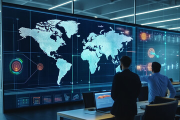 A team of professionals analyzing supply chain data on a large screen, emphasizing the importance of data-driven decision-making in global business logistics Ai generative