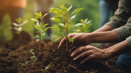 People planting trees or working in community garden close up. AI generated	
