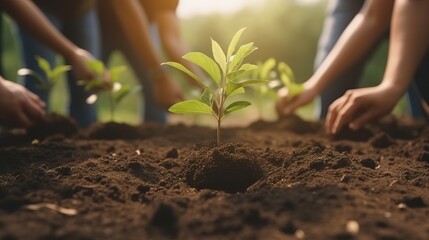 People planting trees or working in community garden close up. AI generated	
