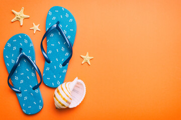 Flat lay composition with flip flops and seashell on colored background. Space for text top view