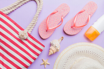 Summer vacation concept flat lay. beach accessories and towel top view. Space for text. travel concept