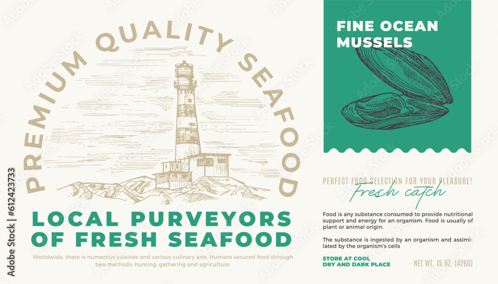 Wall mural fine ocean seafood product abstract vector packaging label design. modern typography and hand drawn 