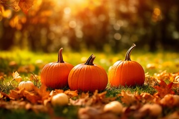 Naklejka na ściany i meble Autumn Halloween pumpkins. Orange pumpkins over bright autumnal nature background | Generative AI 