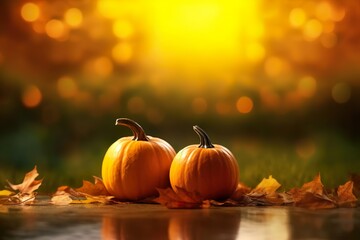 Autumn Halloween pumpkins. Orange pumpkins over bright autumnal nature background | Generative AI 