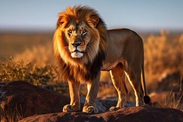 Majestic Lion Walking Through a Field, Its Golden Fur Glimmering in the Sun. Generative AI.