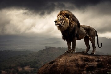 Majestic Lion Standing Proud on Rocky Outcrop, Overlooking His Domain. Generative AI.