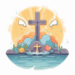 Cartoon baptismal cross with symbolic design, blessing, sacrifice, and significance in Christian baptism Generative AI