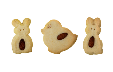 Happy Easter food idea for kid treats - funny animals cookies decorated with almond.