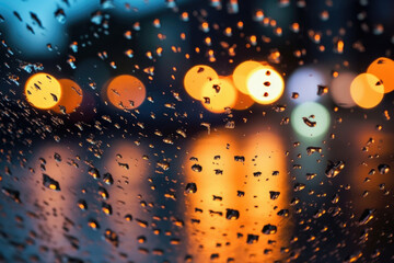 Night Street Lights Bokeh: Abstract Wet Glass Close-Up