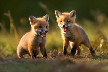 Fluffy foxes playing in a field