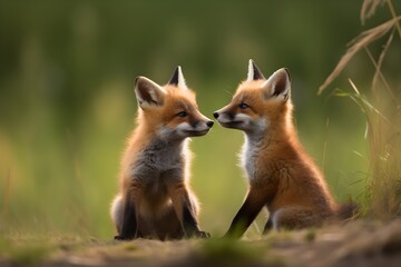 Fluffy foxes playing in a field