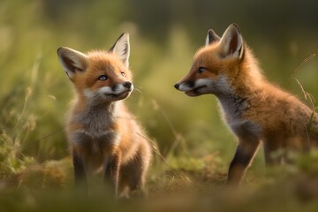 Fluffy foxes playing in a field