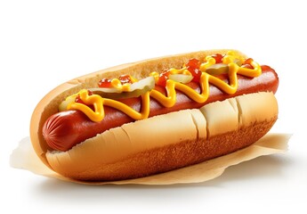 Hot dog with mustard and ketchup on a white background