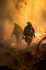 Naklejka premium AI generated Firefighters fighting a fire in a forest