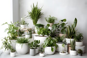 A variety of potted house plants arranged on a white table.