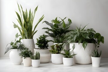 A variety of indoor plants arranged in pots on a white table.