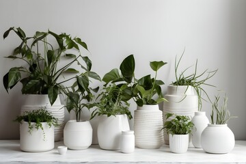Several types of potted house plants arranged neatly on a white table.