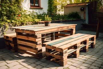 Fototapeta na wymiar A rustic outdoor seating area created from repurposed euro pallets.