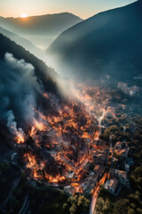Fototapeta na wymiar AI generated Aerial view of burning forest and meadow at sunset. Natural disaster