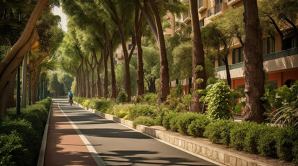 AI generated view of a modern city street with lots of trees and greenery