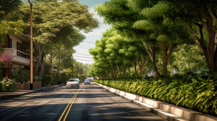 Obraz premium AI generated view of a modern city street with lots of trees and greenery