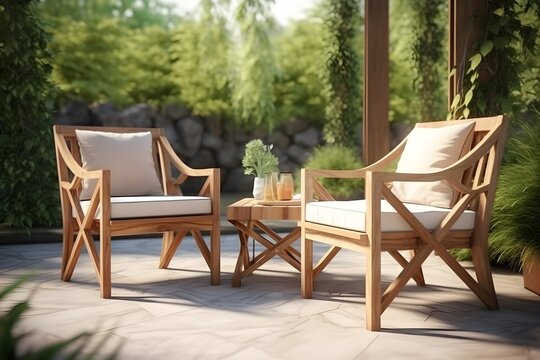 A 3D rendering of an outdoor furniture set placed on a garden background.