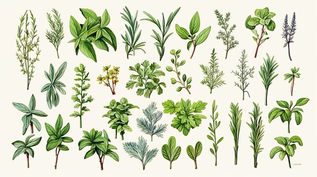 Collection of herbs,  flat illustration, Kitchen herbs and Mediterranean herbs, top view, flat lay, ai generated