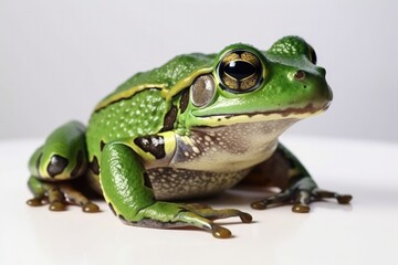 Fototapeta premium Beautiful green frog close-up on a white background. Generative AI