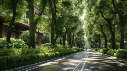Fototapeta na wymiar AI generated view of a modern city street with lots of trees and greenery