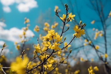 A vibrant spring background featuring a blooming yellow flower.