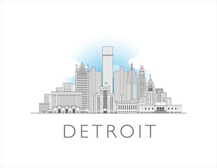Detroit Michigan cityscape line art style vector illustration