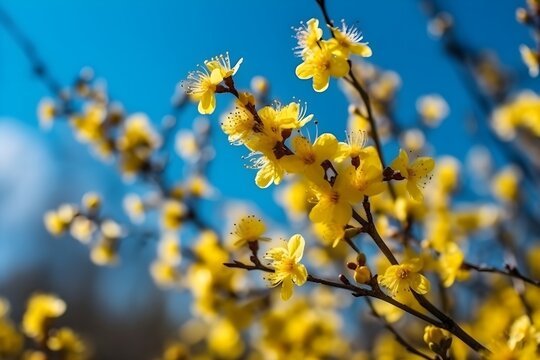 A vibrant spring scene featuring a yellow blooming flower.