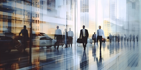 Fototapeta na wymiar Time lapse image of busy business people on glass. AI generated