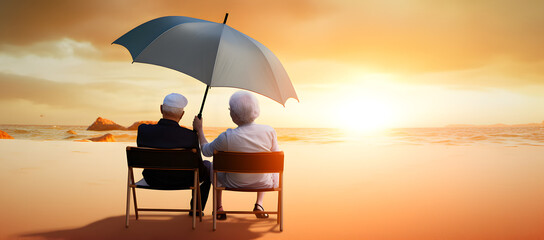 Obraz premium Elderly couple sitting at sunset beach. Concept of elderly love. AI generated